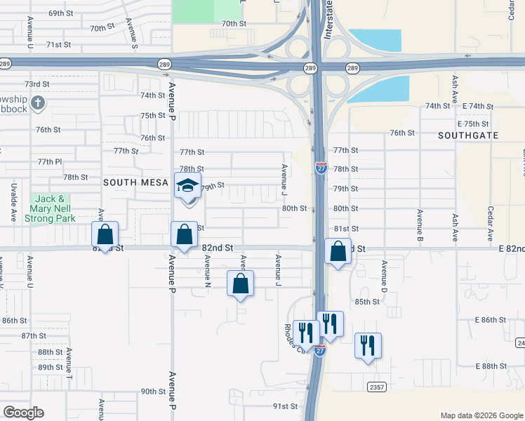 map of restaurants, bars, coffee shops, grocery stores, and more near 1110 80th Street in Lubbock
