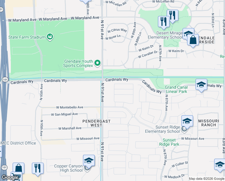 map of restaurants, bars, coffee shops, grocery stores, and more near 5932 North 90th Drive in Glendale