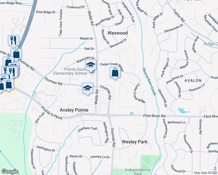 map of restaurants, bars, coffee shops, grocery stores, and more near 8565 Glendevon Court in Riverdale