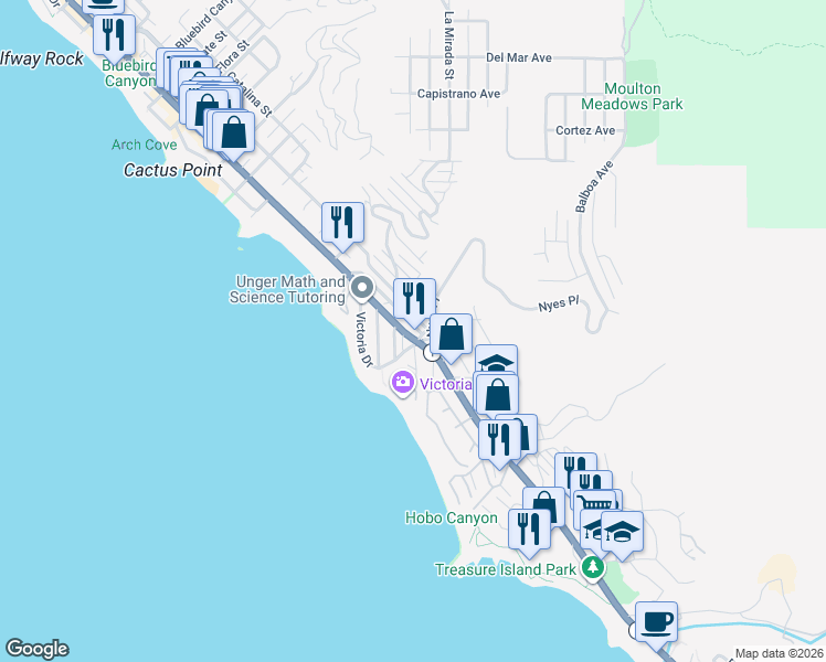 map of restaurants, bars, coffee shops, grocery stores, and more near 2785 Solana Way in Laguna Beach