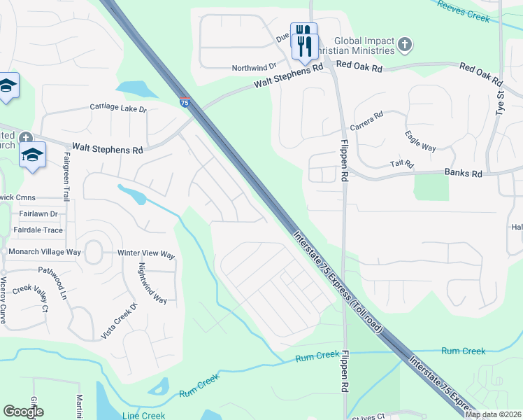 map of restaurants, bars, coffee shops, grocery stores, and more near 1420 Buckingham Place in Stockbridge