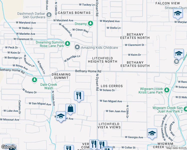 map of restaurants, bars, coffee shops, grocery stores, and more near 5921 North 131st Drive in Litchfield Park