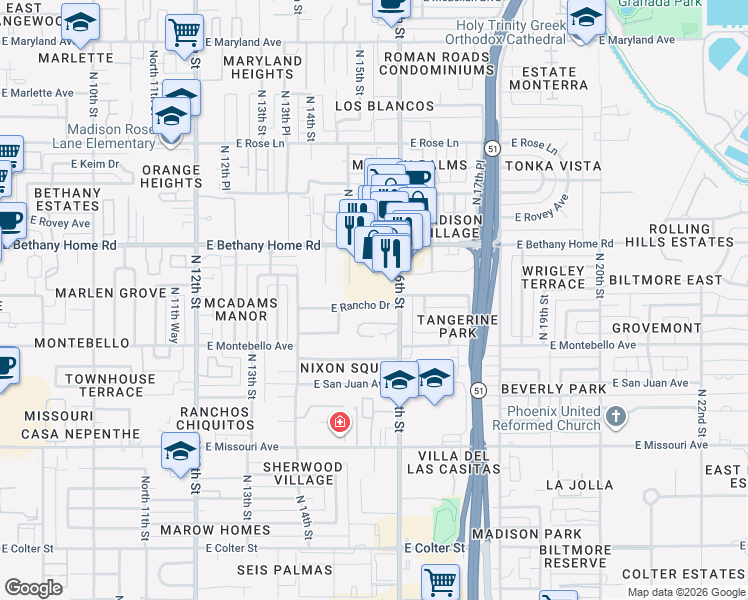 map of restaurants, bars, coffee shops, grocery stores, and more near 1530 East Rancho Drive in Phoenix