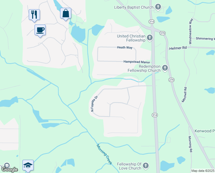 map of restaurants, bars, coffee shops, grocery stores, and more near 205 North Fayette Drive in Fayetteville