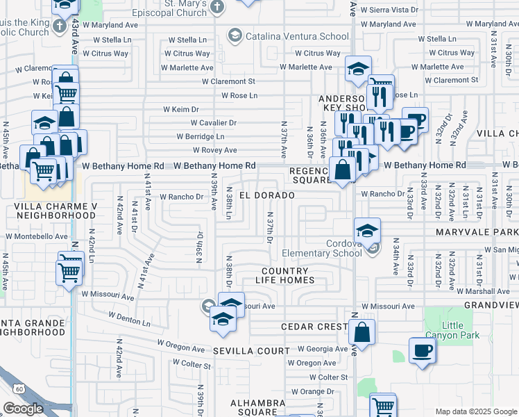 map of restaurants, bars, coffee shops, grocery stores, and more near 5735 North 38th Avenue in Phoenix