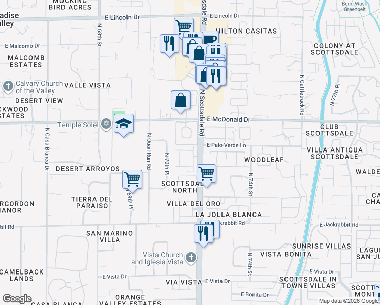 map of restaurants, bars, coffee shops, grocery stores, and more near 5828 North Scottsdale Road in Paradise Valley
