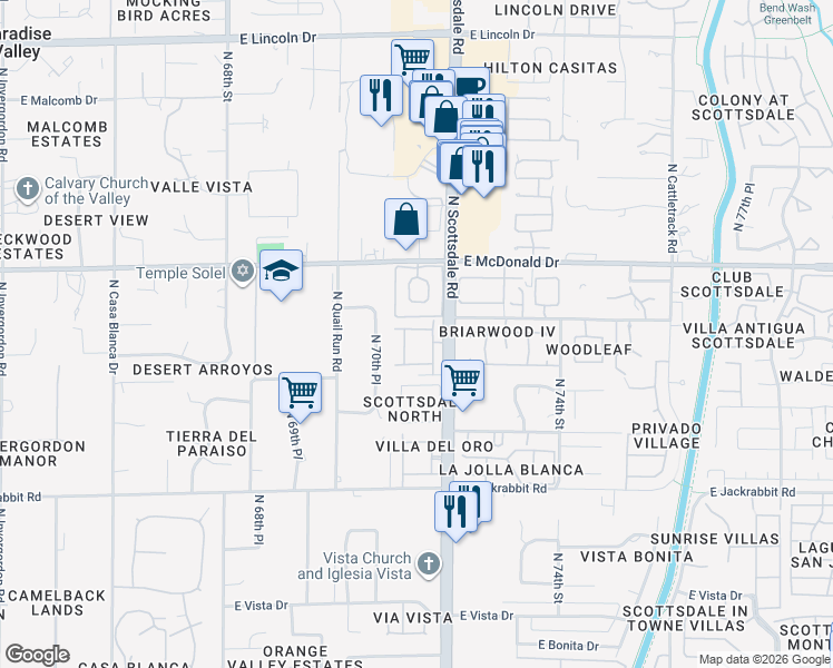 map of restaurants, bars, coffee shops, grocery stores, and more near 5828 North Scottsdale Road in Paradise Valley