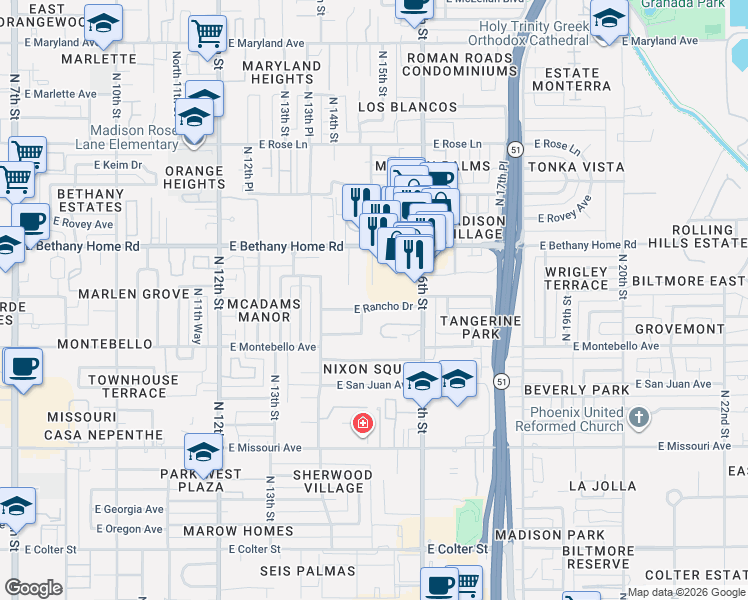 map of restaurants, bars, coffee shops, grocery stores, and more near 5906 North 15th Street in Phoenix