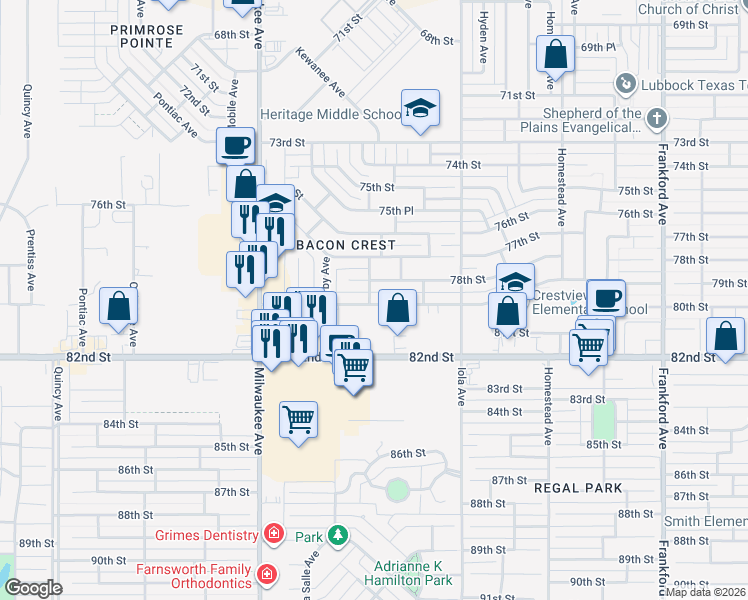 map of restaurants, bars, coffee shops, grocery stores, and more near 6128 79th Street in Lubbock
