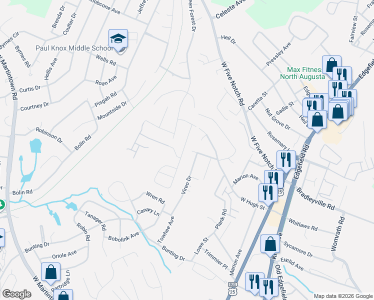 map of restaurants, bars, coffee shops, grocery stores, and more near 135 Bobbye Drive in North Augusta