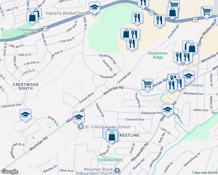 map of restaurants, bars, coffee shops, grocery stores, and more near 1137 Del Ray Drive in Birmingham