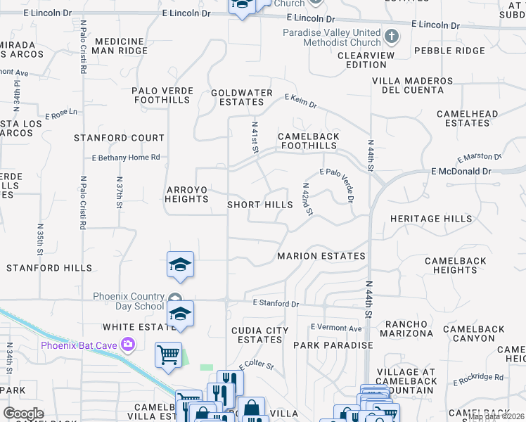 map of restaurants, bars, coffee shops, grocery stores, and more near 4039 East Rancho Drive in Phoenix