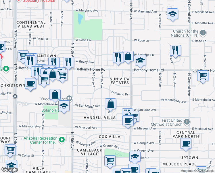 map of restaurants, bars, coffee shops, grocery stores, and more near 1002 West Solano Drive in Phoenix