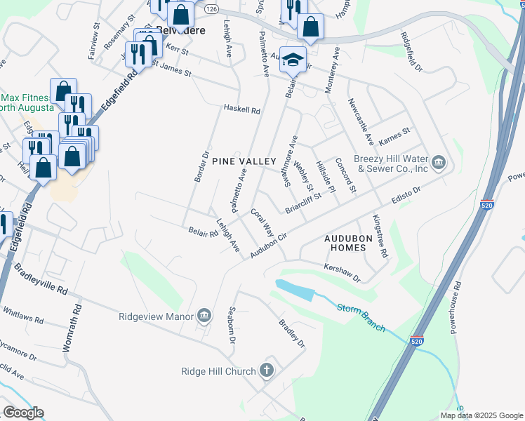 map of restaurants, bars, coffee shops, grocery stores, and more near 302 Coral Way in North Augusta