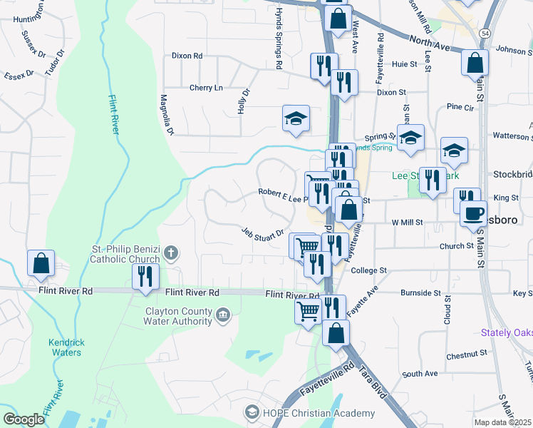 map of restaurants, bars, coffee shops, grocery stores, and more near 8523 Sharpsburg Court in Jonesboro