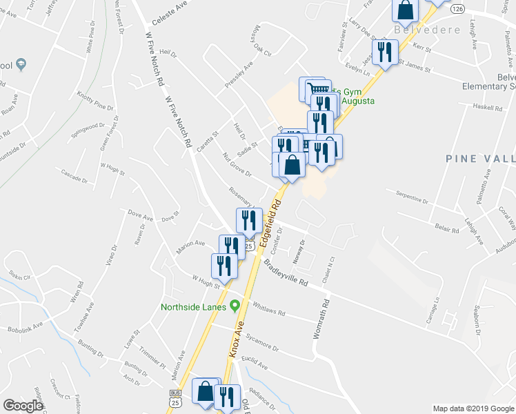 map of restaurants, bars, coffee shops, grocery stores, and more near 16 Fowkewood Court in North Augusta