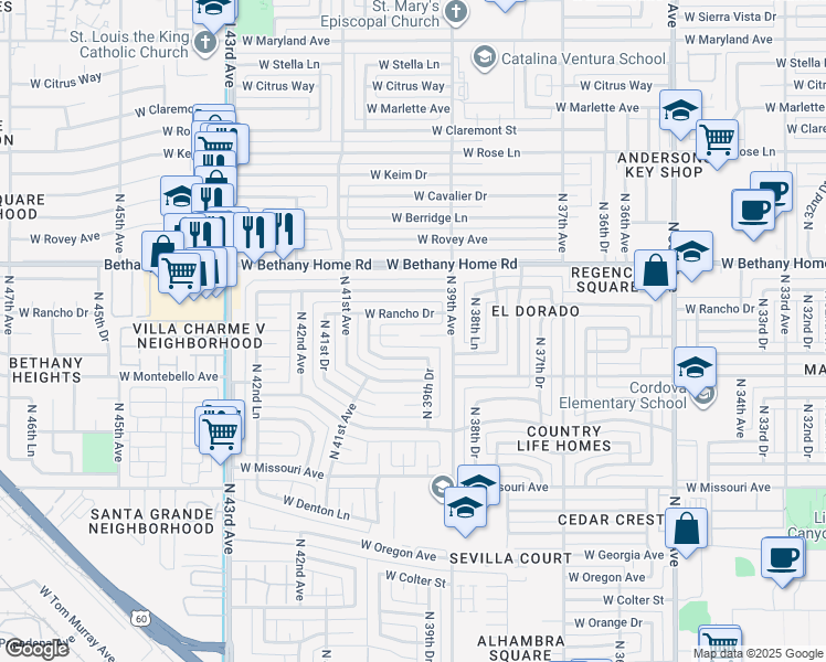 map of restaurants, bars, coffee shops, grocery stores, and more near 3932 West Solano Drive in Phoenix
