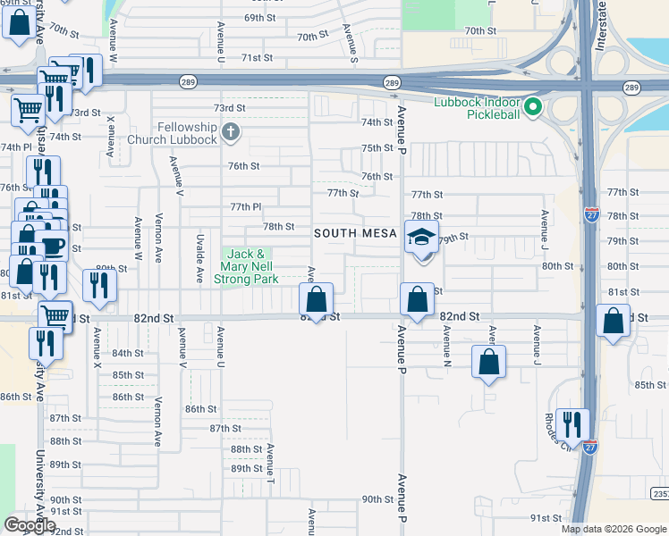 map of restaurants, bars, coffee shops, grocery stores, and more near 1805 79th Place in Lubbock
