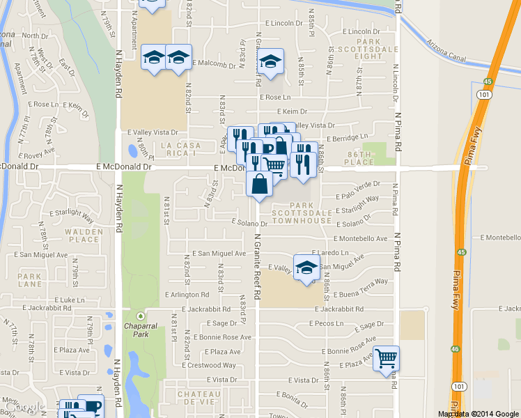 map of restaurants, bars, coffee shops, grocery stores, and more near 5895 North Granite Reef Road in Scottsdale