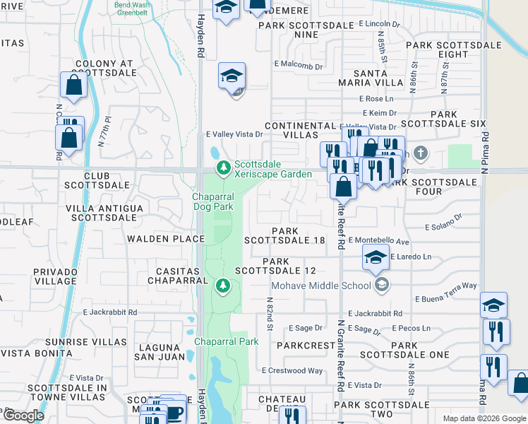 map of restaurants, bars, coffee shops, grocery stores, and more near in Scottsdale
