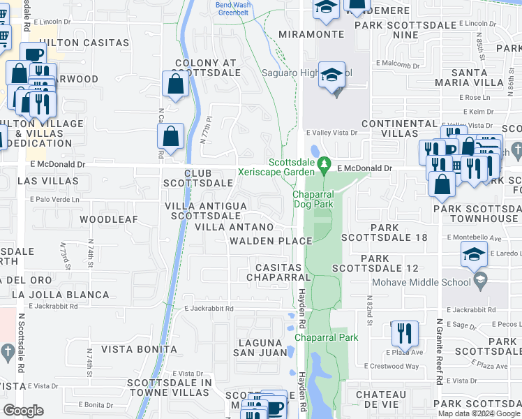 map of restaurants, bars, coffee shops, grocery stores, and more near 7950 East Starlight Way in Scottsdale