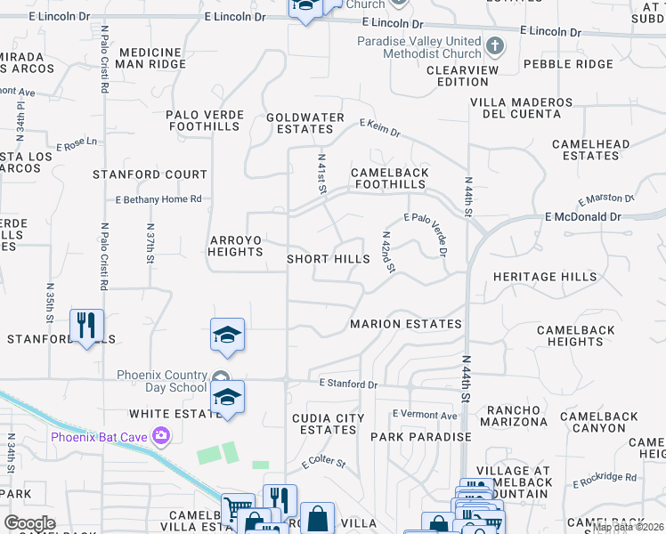 map of restaurants, bars, coffee shops, grocery stores, and more near 4039 East Rancho Drive in Phoenix