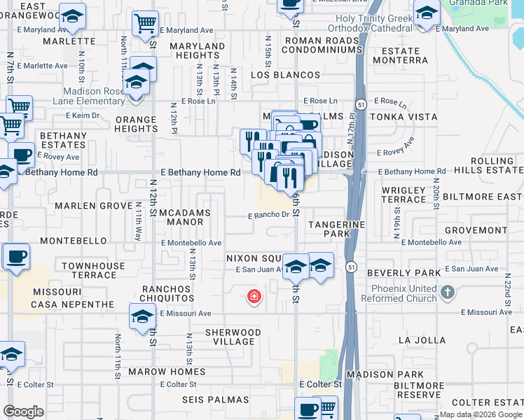 map of restaurants, bars, coffee shops, grocery stores, and more near 5906 North 15th Street in Phoenix