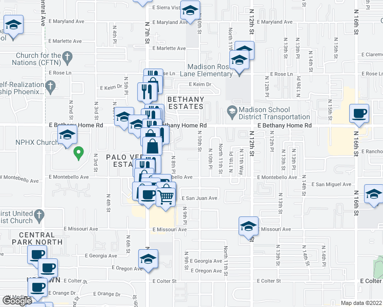 map of restaurants, bars, coffee shops, grocery stores, and more near 5750 North 10th Street in Phoenix