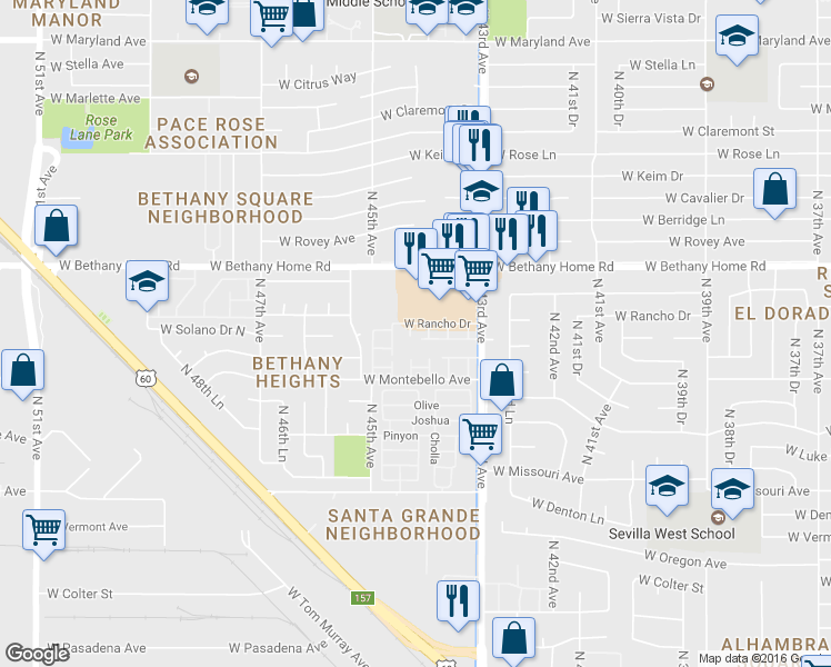 map of restaurants, bars, coffee shops, grocery stores, and more near 5741 North 44th Drive in Glendale