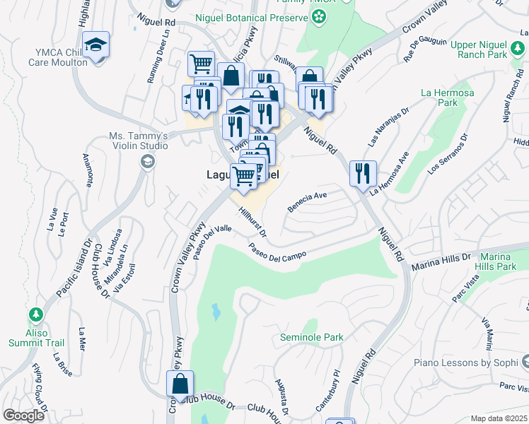 map of restaurants, bars, coffee shops, grocery stores, and more near 30272 Crown Valley Parkway in Laguna Niguel