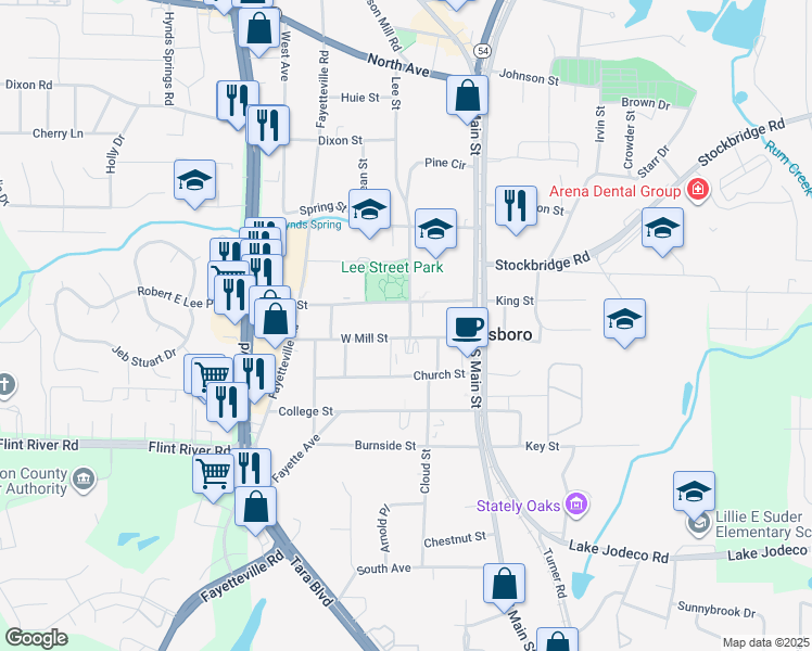 map of restaurants, bars, coffee shops, grocery stores, and more near 23 Lee Street in Jonesboro