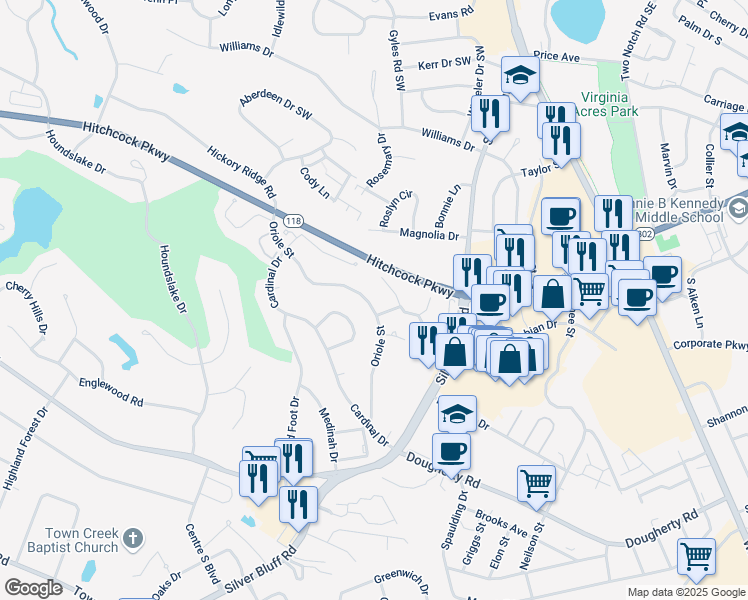 map of restaurants, bars, coffee shops, grocery stores, and more near 702 Oriole Street in Aiken