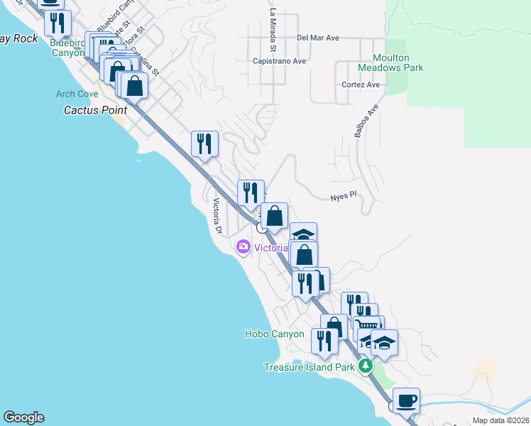 map of restaurants, bars, coffee shops, grocery stores, and more near 2770 Highland Way in Laguna Beach