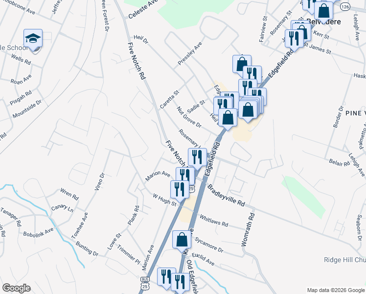 map of restaurants, bars, coffee shops, grocery stores, and more near 112 Rosemary Lane in North Augusta