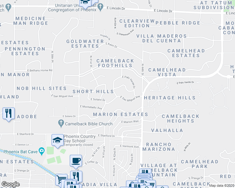 map of restaurants, bars, coffee shops, grocery stores, and more near 5825 North 42nd Street in Phoenix