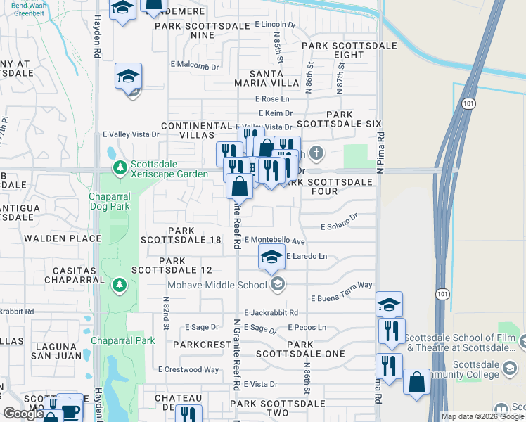 map of restaurants, bars, coffee shops, grocery stores, and more near 5877 North Granite Reef Road in Scottsdale