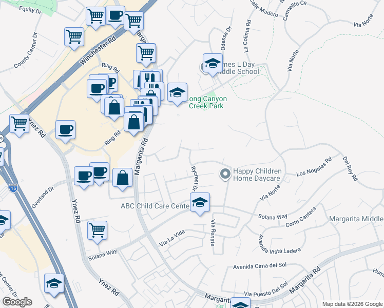 map of restaurants, bars, coffee shops, grocery stores, and more near 29729 Windwood Circle in Temecula