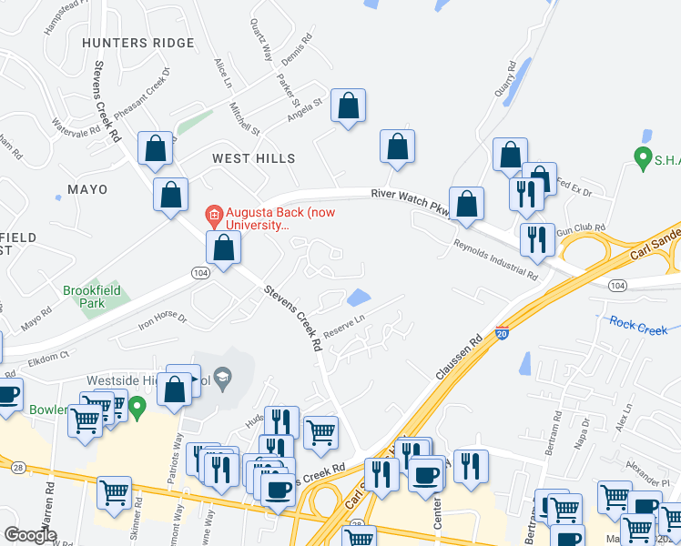 map of restaurants, bars, coffee shops, grocery stores, and more near 3512 Ridgecrest Drive in Augusta
