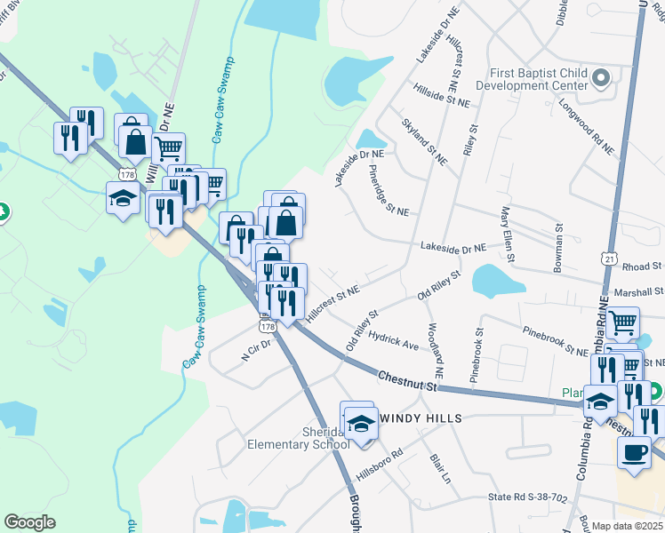 map of restaurants, bars, coffee shops, grocery stores, and more near 2370 Northview Drive in Orangeburg