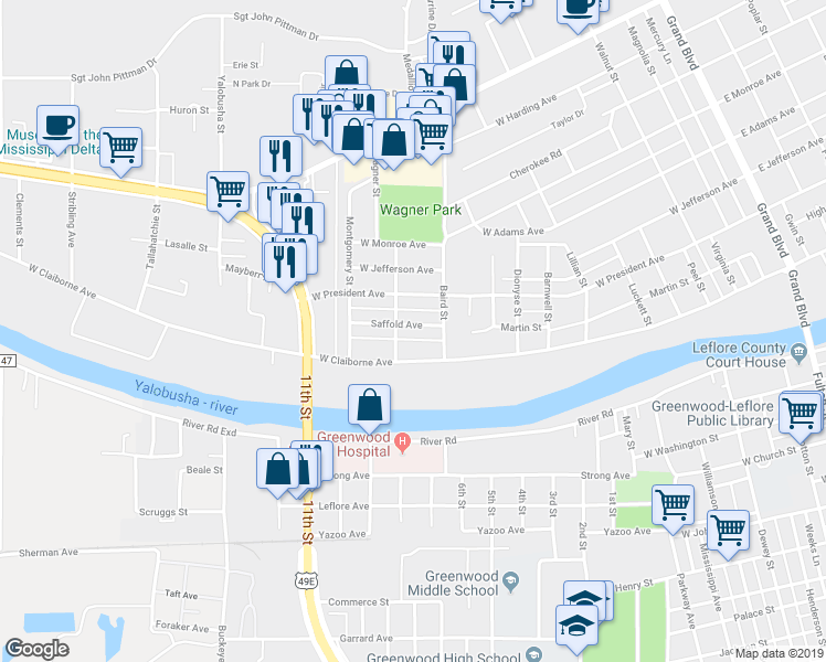 map of restaurants, bars, coffee shops, grocery stores, and more near 1111 Saffold Avenue in Greenwood