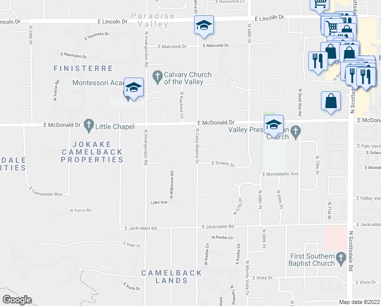 map of restaurants, bars, coffee shops, grocery stores, and more near 5800 North Casa Blanca Drive in Paradise Valley