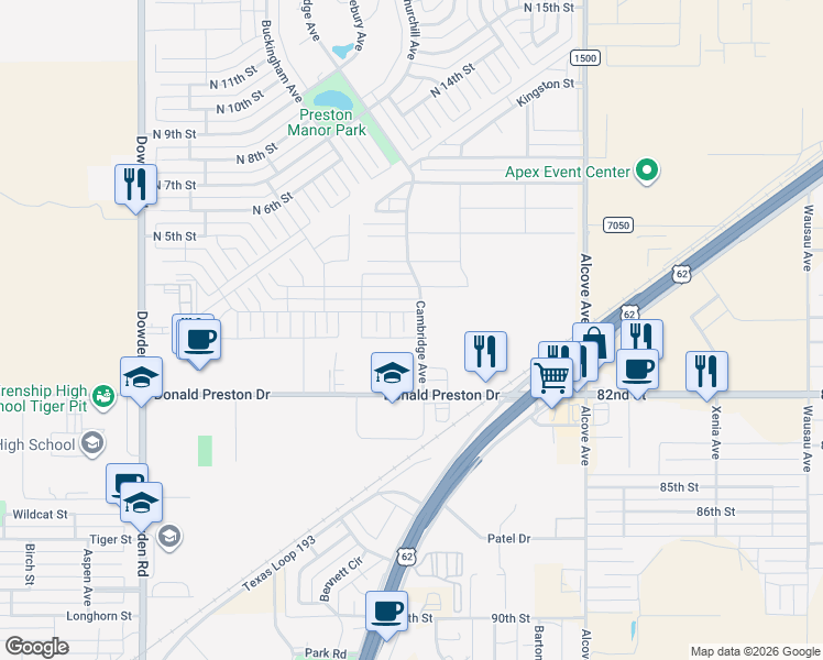 map of restaurants, bars, coffee shops, grocery stores, and more near North 2nd Street in Wolfforth