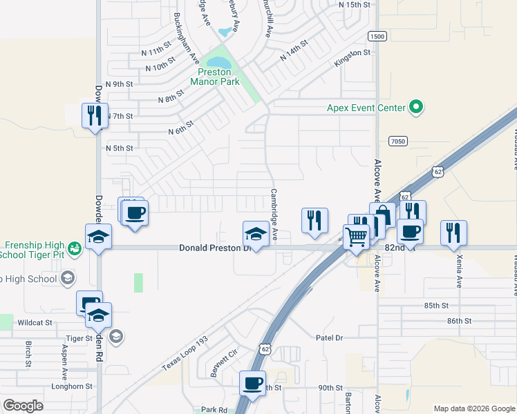 map of restaurants, bars, coffee shops, grocery stores, and more near North 2nd Street in Wolfforth