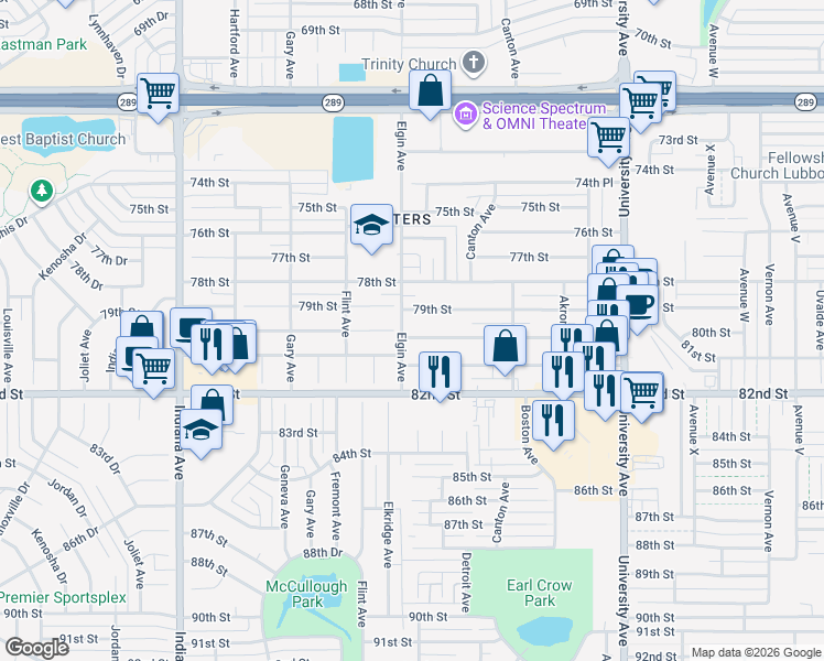 map of restaurants, bars, coffee shops, grocery stores, and more near 2740 80th Street in Lubbock
