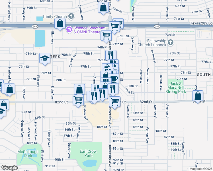 map of restaurants, bars, coffee shops, grocery stores, and more near 7908 University Avenue in Lubbock