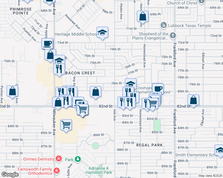 map of restaurants, bars, coffee shops, grocery stores, and more near 6104 79th Street in Lubbock
