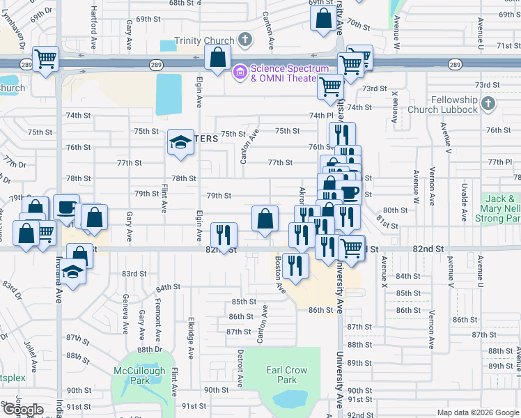 map of restaurants, bars, coffee shops, grocery stores, and more near 2706 80th Street in Lubbock