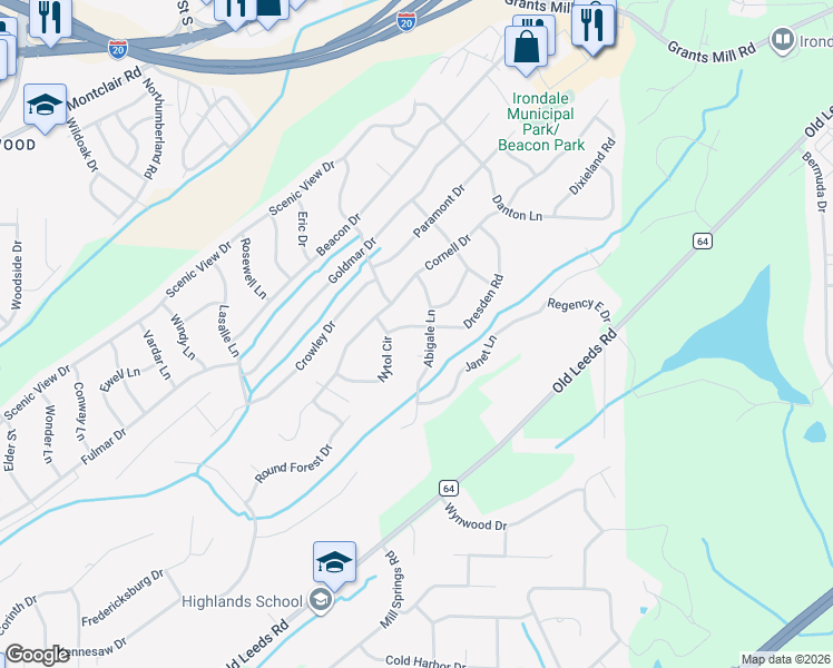 map of restaurants, bars, coffee shops, grocery stores, and more near 5213 Dresden Road in Irondale