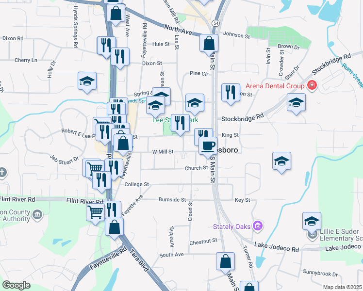 map of restaurants, bars, coffee shops, grocery stores, and more near 23 Lee Street in Jonesboro