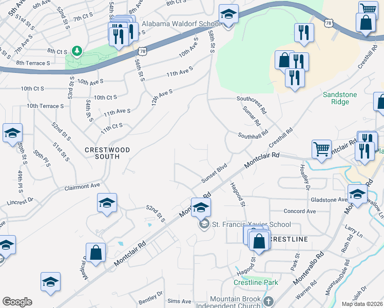 map of restaurants, bars, coffee shops, grocery stores, and more near 1340 Wilshire Dr in Birmingham